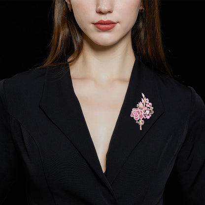 Model wearing pink rose flower brooch