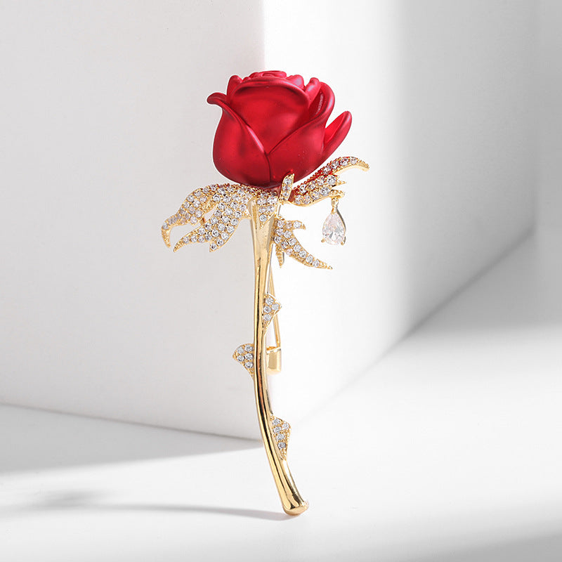 Red enamel rose brooch side view