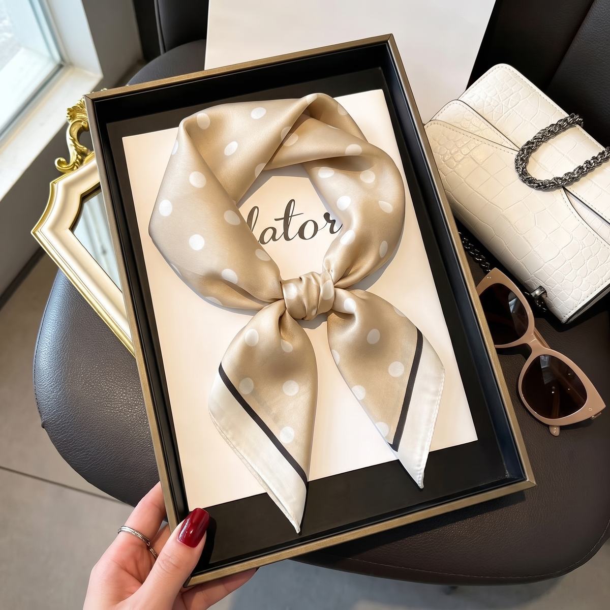 Pois Beige Sjal (100% Siden - 68cm)